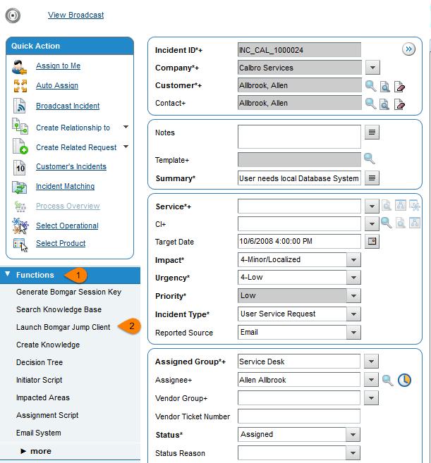 Jump to Configuration Item Support staff can leverage Bomgar Jump Technology to access a configuration item associated with a ticket directly from the BMC Remedy ticket.