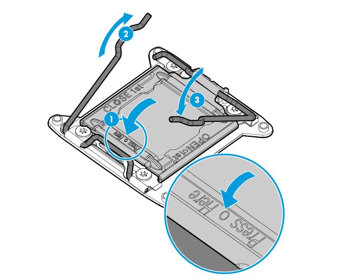 14. Press and hold the processor retaining bracket in place, and then close each processor locking lever. Press only in the area indicated on the processor retaining bracket.