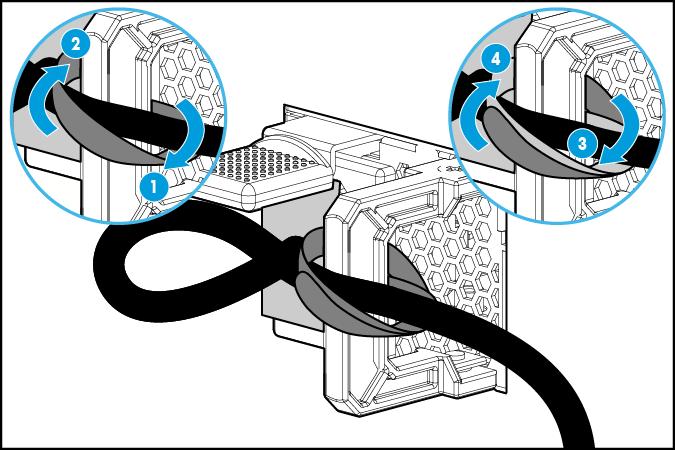 c. Secure the power cord in the hook-and-loop strap as shown in the following image. 6. Connect the power cords to the AC power source. 7.