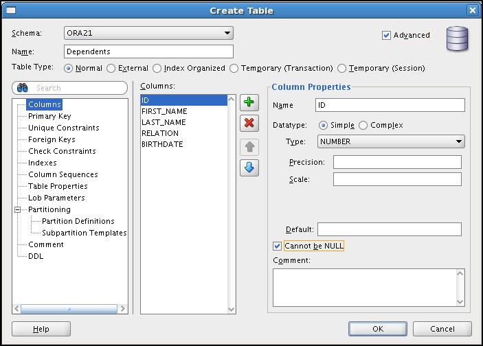Creating a New Table: Example Creating a New Table: Example In the Create Table dialog box, if you do not select the Advanced check box, you can create a table quickly by specifying columns and some