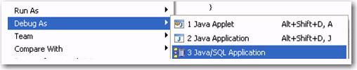 To debug a java application that contains a SQL routine: 1 Select the Java application and choose  The Debug dialog appears and the debugging process on the