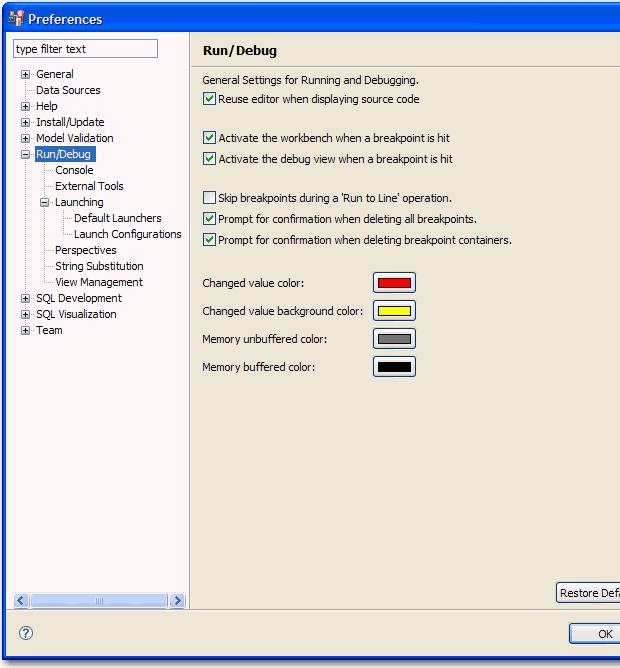 Change the configuration settings of the run/debug process, as appropriate: The general settings on the Run/Debug panel control how the workbench, views, and editor responds to various aspects of the