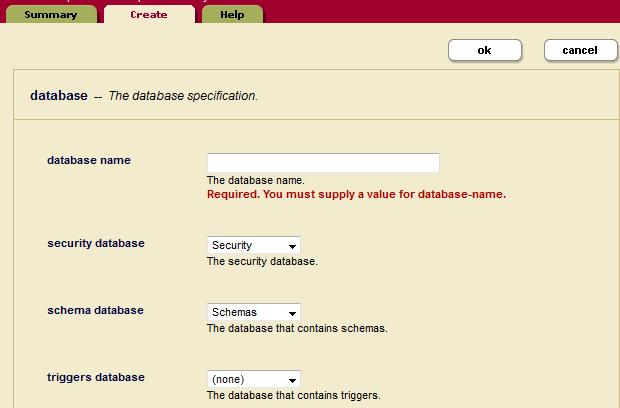 Databases 13.2 Creating a New Database Follow the following steps to create a new database. 1. Click the Databases icon in the left tree menu. 2. Click the Create tab at the top right.