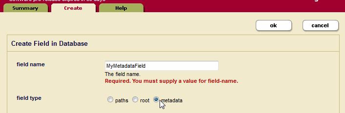 Fields Database Settings 5. For field type, select metadata. 6. If you want to add a word lexicon for the field, enter the collation URI next in the add text box.