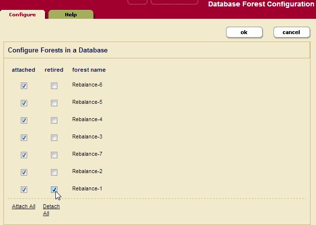 Database Rebalancing 5. In the Database Forest Configuration page, check the Retired box for the forest you want to retire from the database.