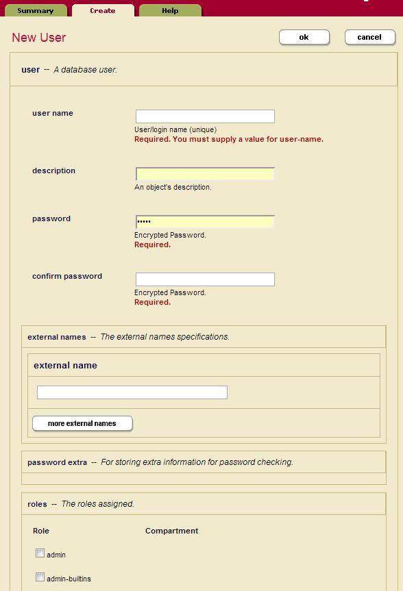 Security Administration 3. Click the Create tab. The User Configuration page appears: 4. Enter a name for the user in the username field.