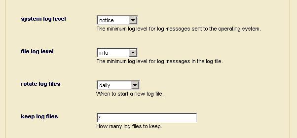 Log Files 3. Scroll down to the log settings, towards the bottom of the page. The following example shows the default log settings: 4. Go to System Log Level and change the level if needed. 5.
