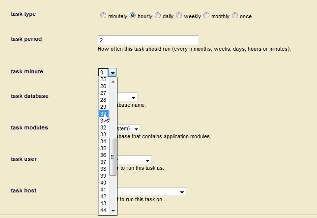 Scheduling Tasks 31.3.2 Scheduling Per Hour If you select hourly task type, specify how many hours are to elapse between each invocation of the module.