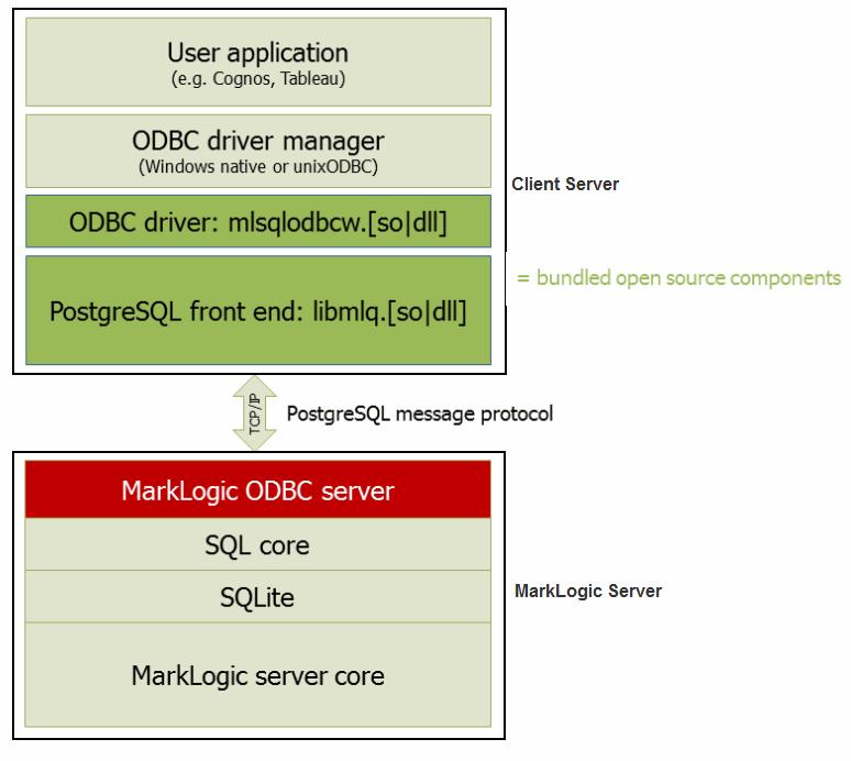 ODBC Servers As shown in the figure below, an ODBC server connects with a PostgreSQL front end on the client by means of the PostgreSQL message protocol.