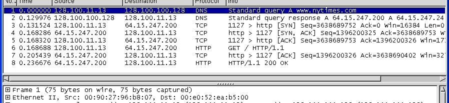 Top pane: frame sequence DNS Query TCP
