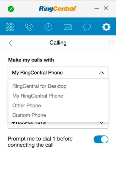 RingCentral for Microsoft Dynamics CRM User Guide Using RingCentral for MS Dynamics 365 6 Calling Outbound Dialing Option Make my calls with: RingCentral for Desktop.