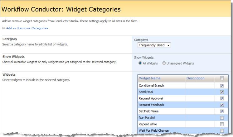Widget Categories Widgets are displayed under different categories within Conductor Studio to make them easier to find.