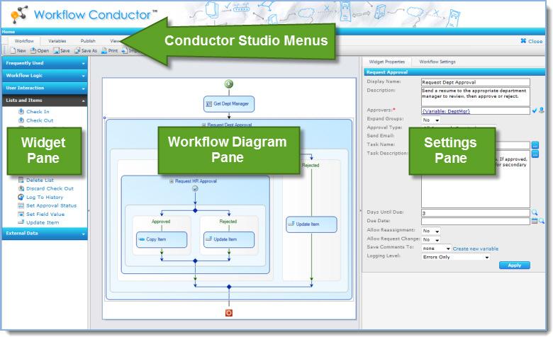 The Conductor Studio Interface The Workflow Conductor Studio interface is made up of four sections: The widget pane The workflow diagram pane The settings pane The Conductor Studio menus Widget Pane