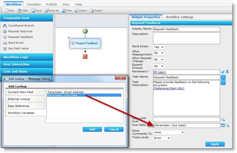 The information collected from the user in the form above is stored in two workflow variables, which can be used by the widgets in the workflow.