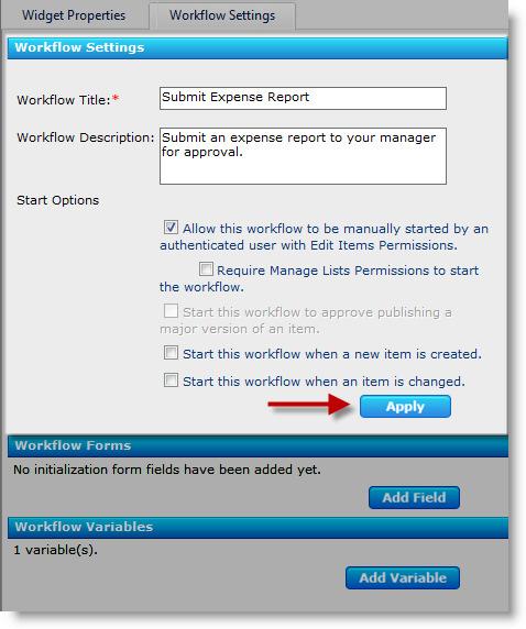 3. On the Workflow Settings tab in the settings pane, give your workflow a Title and Description and select the desired workflow Start Option.