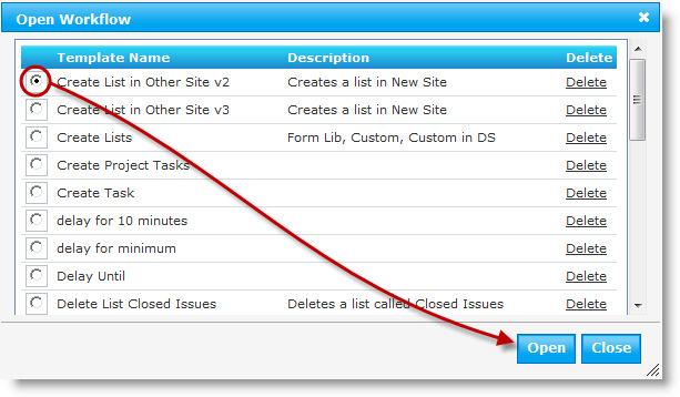 Deleting Workflow Templates To delete a workflow template, go to Workflow > Open in the Conductor Studio menu. Click the Delete link next to the template name you want to delete.