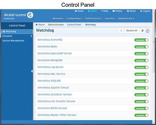 9.0 Control Panel OmniVista 2500 NMS-E 4.2.1.R01 (MR 1) User Guide The Control Panel application is used to access the Watchdog, Scheduler, and Session Management features.
