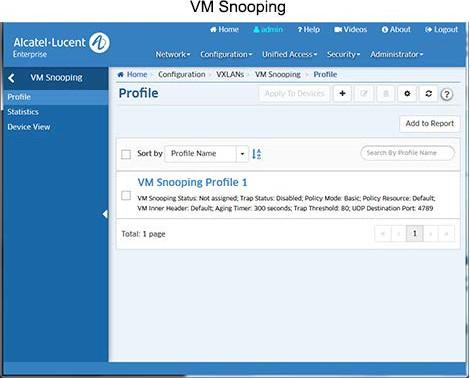 To enable VM Snooping, you must create a VM Snooping Profile and assign it to switches/ports on the network. VM information can then be displayed on the VM Snooping Statistics Screen.