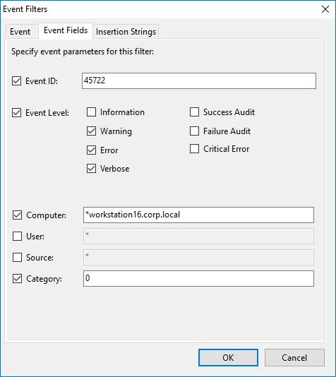 10. Address Specific Tasks with Netwrix Auditor Tools In the Insertion Strings tab: Option Consider the following event Insertion Strings Specify this parameter if you want to receive alerts on