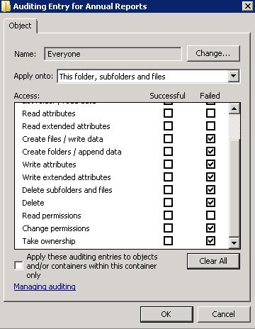 Auditing Entry Apply onto Select "This folder, subfolders and files".