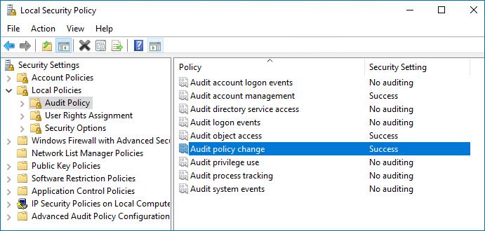 2. Navigate to Security Settings Local Policies Audit Policy. Policy Name Audit account management Audit object access Audit policy change Audit Events "Success" "Success" "Success" 5.10.4.