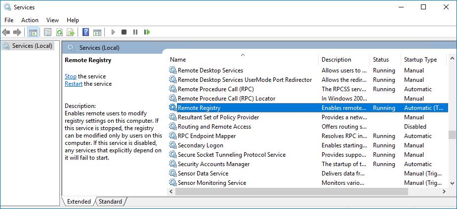 2. In the Services dialog, locate the Remote Registry service, right-click it and select Properties. 3.