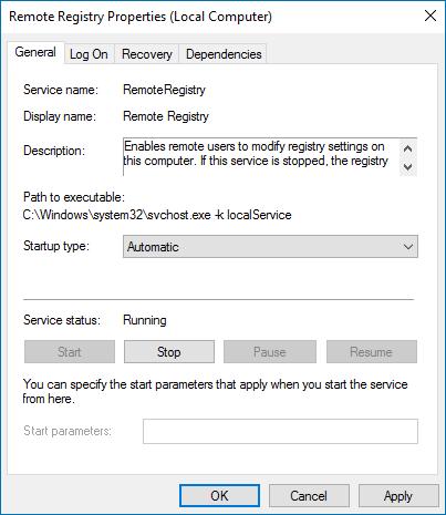 In the Services dialog, ensure that Remote Registry has the "Started" (on pre-windows Server 2012 versions) or the "Running" (on