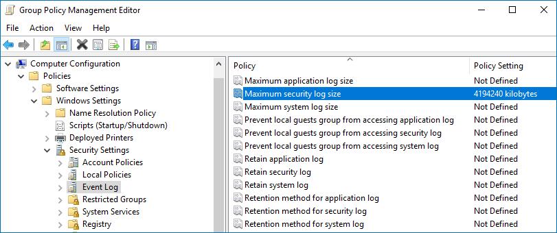 Event Log and double-click the Maximum security log size policy. 4.