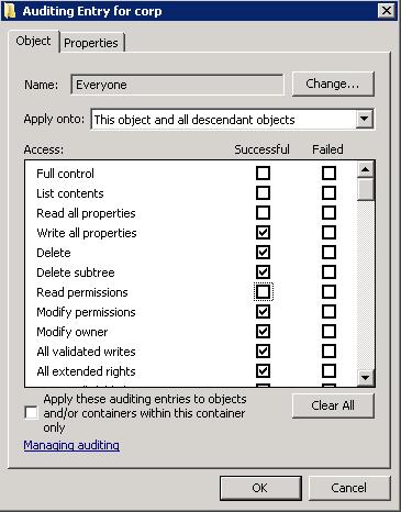 c. Make sure that the Apply these auditing entries to objects and/or containers within this container only checkbox is cleared.