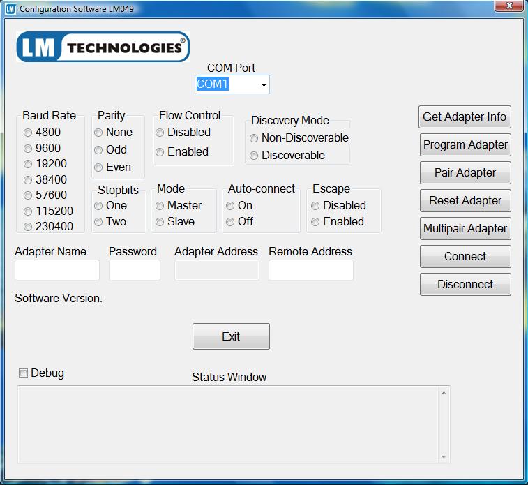 8. Windows configuration software The LM Technologies configuration software allows easy setup of the LM058 or LM048 RS232 Bluetooth adapters.