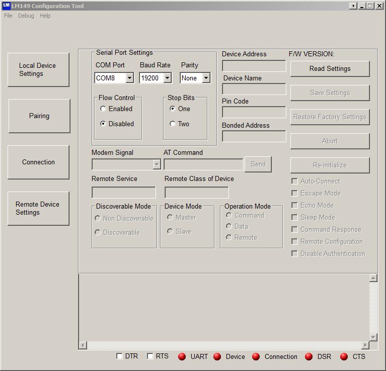 5.2.1 Connecting and reading the device settings At start of the configuration software, the main settings dialog appears: Before any setting can be changed, the current settings have to be read from