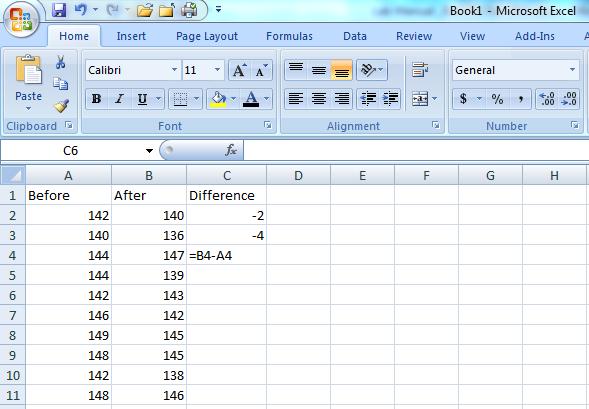 4. In the Difference column, enter a function (aka an equation or formula) to tell Excel to subtract the before values from the after values. a. Always start a formula with a = symbol, then select the cell from column B, then type a - symbol, then select the cell from column A, then hit enter.