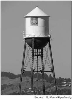 The water tower is composed of a hemisphere, a cylinder, and a cone. Let C be the center of the hemisphere and let D be the center of the base of the cone.