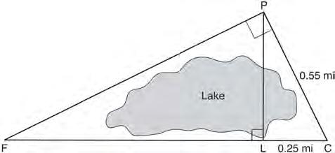 121 In the diagram below, the line of sight from the park ranger station, P, to the lifeguard chair, L, on the beach of a lake is perpendicular to the path joining the campground, C, and the first
