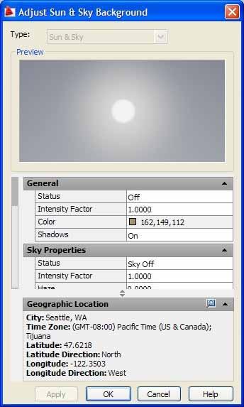 Sun & Sky Background Available when using photometric lights Control sky properties Ground