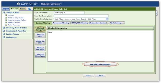 10 Configure Network Composer to filter SSL content by category 1. Log in to Network Composer 2. Click the Manage Tab. 3. Go to Manage > Policies & Rules > Internet Usage Rules > Test Group 1.