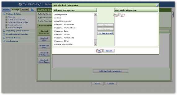 11 Choose Webmail from the Allowed Categories list and Add to the Blocked Categories and then click ok.