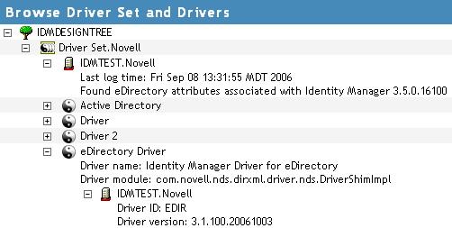 expanding the driver icon. The expanded view of a top-level driver icon displays the following: The driver name The driver module (for example, com.novell.nds.dirxml.driver.delimitedtext.