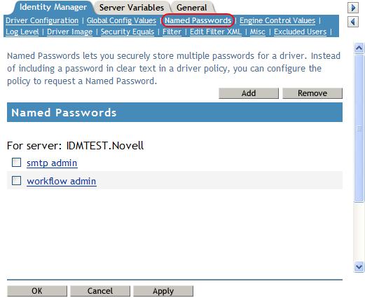 The Named Passwords page appears, listing the current Named Passwords for this driver. If you have not set up any Named Passwords, the list is empty.