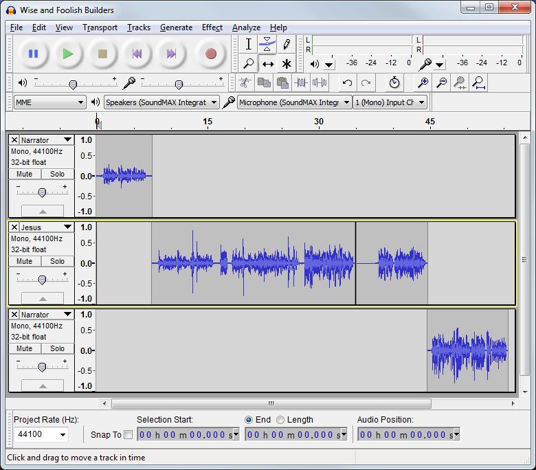 Recording With Audacity 5 Record Narrator 1. Position the cursor at the end of the waveform on the Jesus track 2. Record Narrator A s text 3. Fit the tracks in the window 4. Name the track Narrator 5.
