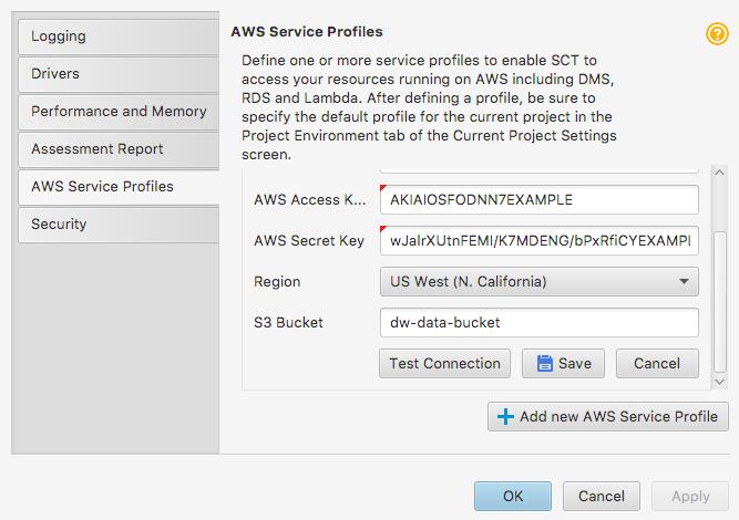 Storing AWS Credentials 3. Choose Add new AWS Service Proﬁle. A new row is added to the list of proﬁles. 4. Choose the edit icon to conﬁgure your proﬁle. a. For Proﬁle name, type a name for your proﬁle.