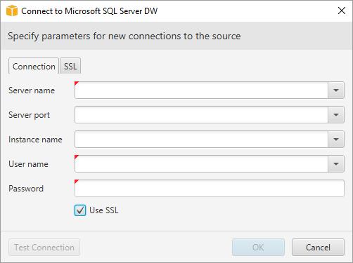 Connecting to a Microsoft SQL Server Data Warehouse Source Database 2. Provide the Microsoft SQL Server data warehouse source database connection information.