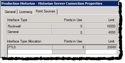 Configure FactoryTalk Historian Chapter 5 To allocate licenses to interface types: 1. In the Historian Server Connection Properties dialog box, click the Point Sources tab.