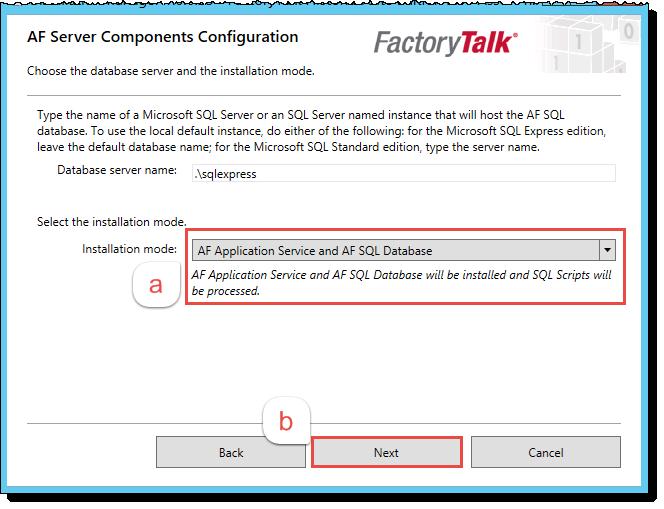 Install FactoryTalk Historian Chapter 3 11. a. In the Database server name box, type the name of a Microsoft SQL Server or an SQL Server named instance that will host the AF SQL database.