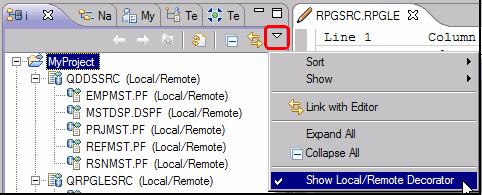 Now you want to remove the Local/Remote Label Decorators from the view. Go to the i Project Navigator toolbar. Click the drop-down arrow.