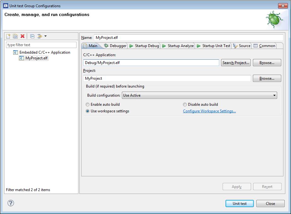 Test automation Figure 88 - The unit test launch configuration Select the Debugger tab and ensure the