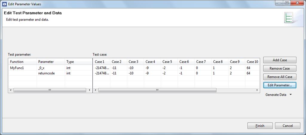 Test automation Figure 102 - The parameter editing dialog box Click on the Generate Data button to re-initialize the test suite with test cases and autocalculated parameter value