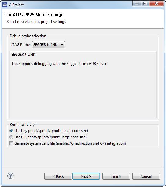 Getting started Figure 12 - TrueSTUDIO Miscellaneous project settings 4. Select the JTAG probe you are using when debugging.