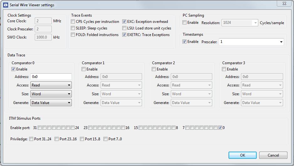 Getting started 6. Configure what and how you want to trace. Figure 46 The SWV-setting dialog It might be tempting to trace everything as much as possible.