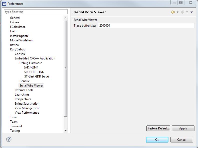 Getting started Figure 52 Serial Wire Viewer preferences The buffer is stored in the heap.